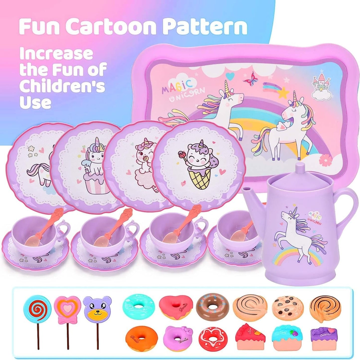 Astraio Unicorn Tea Party Set, 44PCS Pretend Plastic Teapot Set with Dessert, Carrying Case for Little Girls Age 3-12