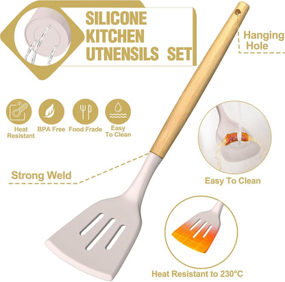 Umite Chef Cooking Utensils Set- Khaki Silicone Kitchen Utensils Set, 34PCS Heat Resistant Kitchen Gadgets Tools Set with Grater, Wooden Handle Kitchen Utensil Spatula Set for Nonstick Cookware