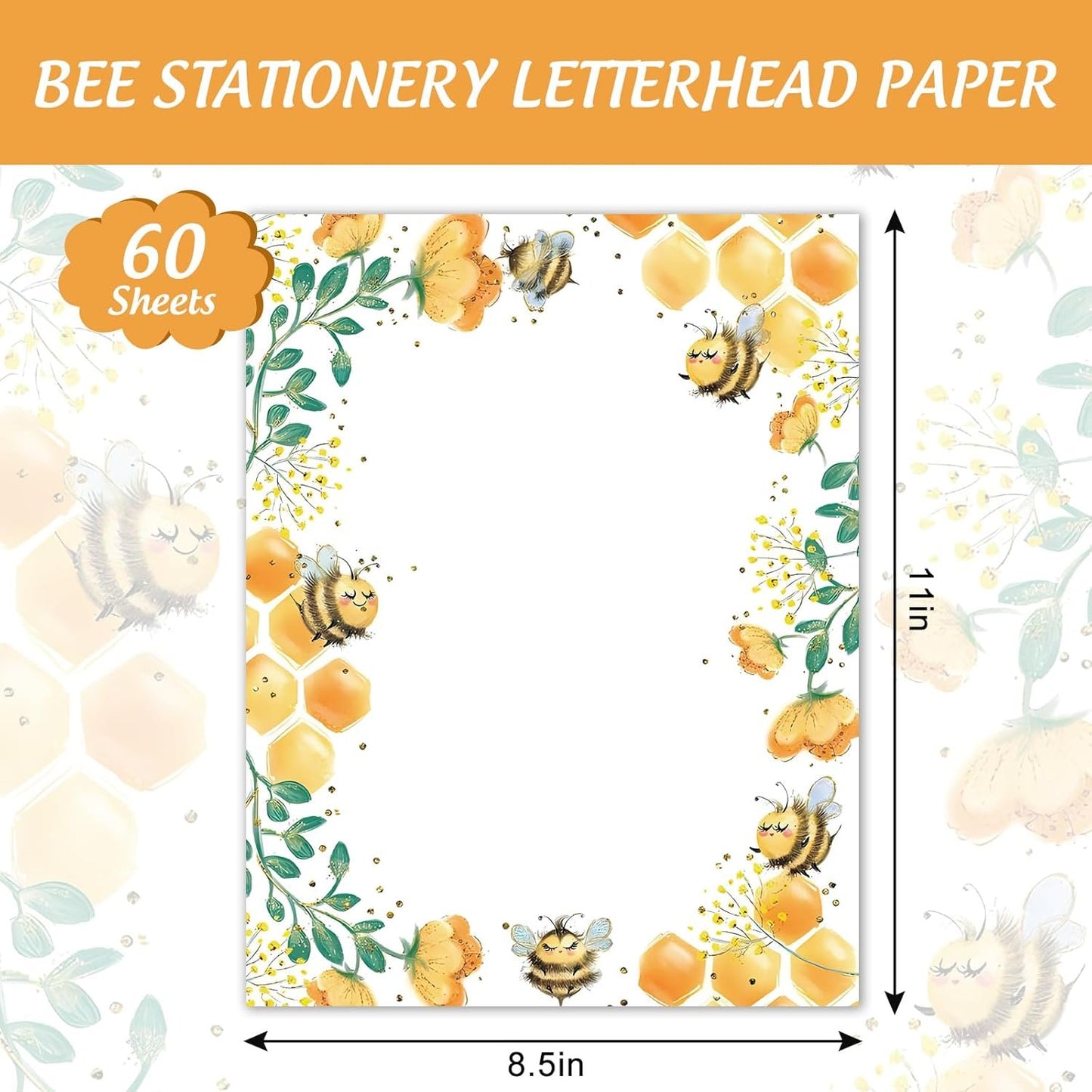 Whaline 60 Sheets Bee Stationery Letterhead Paper 8.5 x 11 Inch Double-Sided Printing Border Paper Bee Honeycomb Letter Writing Paper for Baby Shower Birthday Invitation Office Printing
