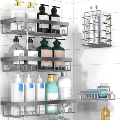 Adhesive Shower Caddy Organizer Shelves Rack - 5 Pack Corner Bathroom Storage Organization, Home & Kitchen Decor Inside RV Accessories, Hanging First Apartment Household Camper Essentials