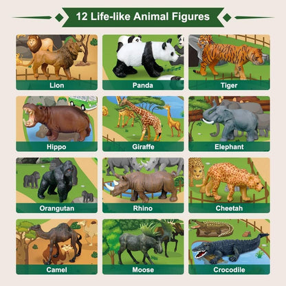 Mini Tudou 12 Pcs Safari Animals Figures Toys w/ 57x38.6’’ Large Activity Play Mat, Realistic Jumbo Jungle Wild Zoo Animals Figurines Playset w/ Elephant, Giraffe, Lion for Kids Toddlers Boys & Girls
