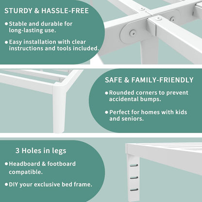 ITIMIDI 14 Inch White Full Size Bed Frame with Round Legs, Metal Platform Bed Frame Full No Box Spring Needed, DIY Headboard, Heavy Duty Steel, Noiseless, Storage Space, Easy Assembly