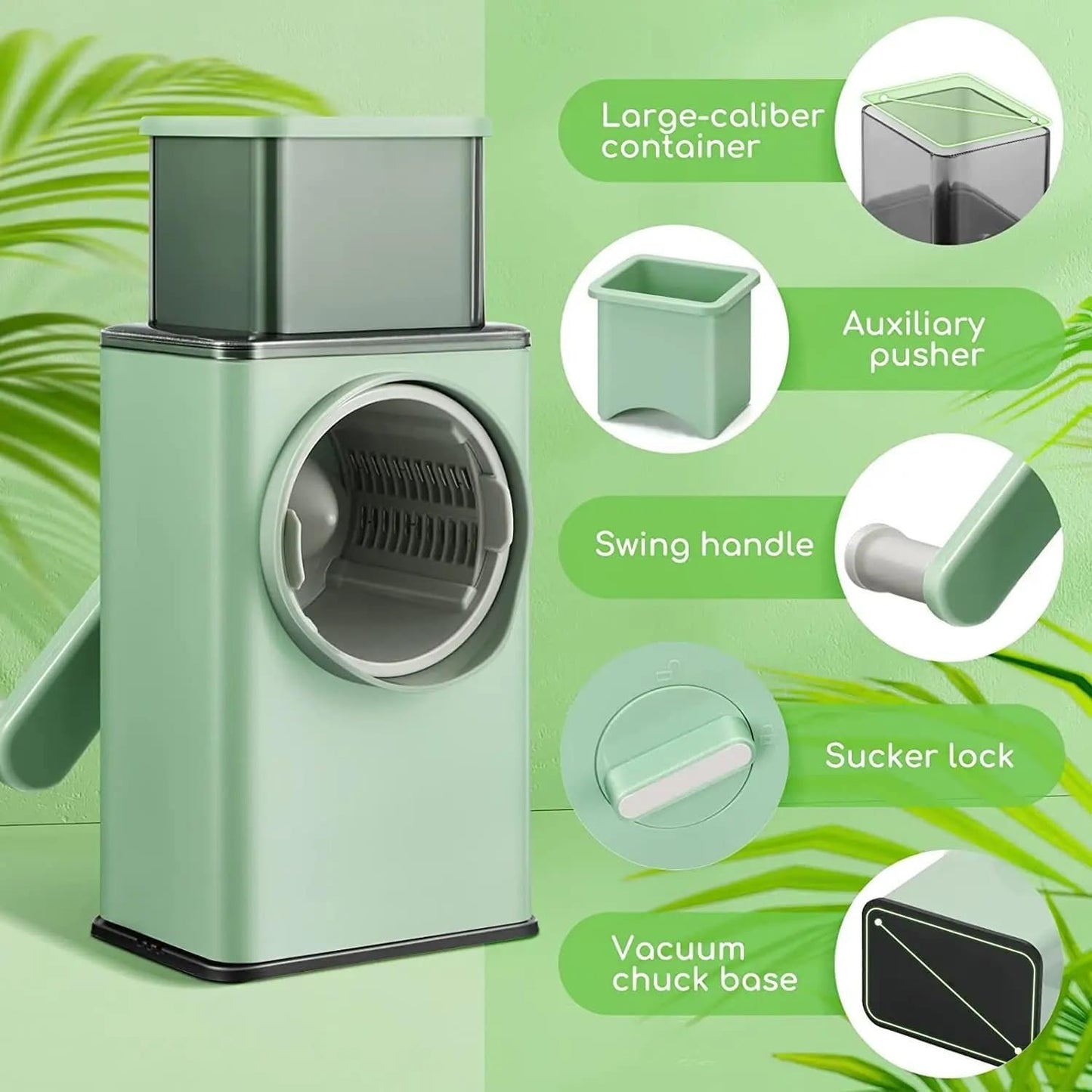Rotary Cheese Grater with Handle - Vegetable Shredder with 3 Well-Designed Blades & Strong Suction Base, Round Mandoline Slicer & Multifunctional Food Vegetable Cutter Potato Slicer for Kitchen