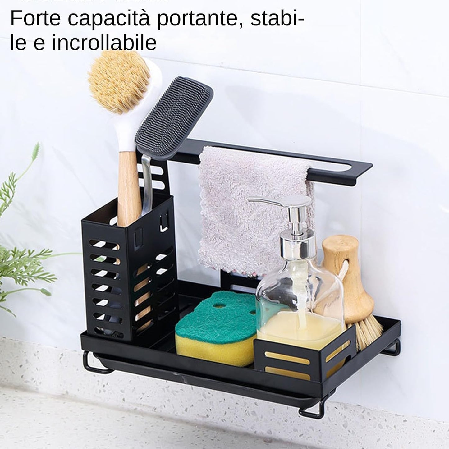 Sink Dish Rack, Carbon Steel Drying Shelf, Adjustable Height Organizer, 9.72x5.91x5.71 Inches Drain Tray Base, Black Finish, for Sponge, Soap, Brush, Kitchen Cleaning Accessories