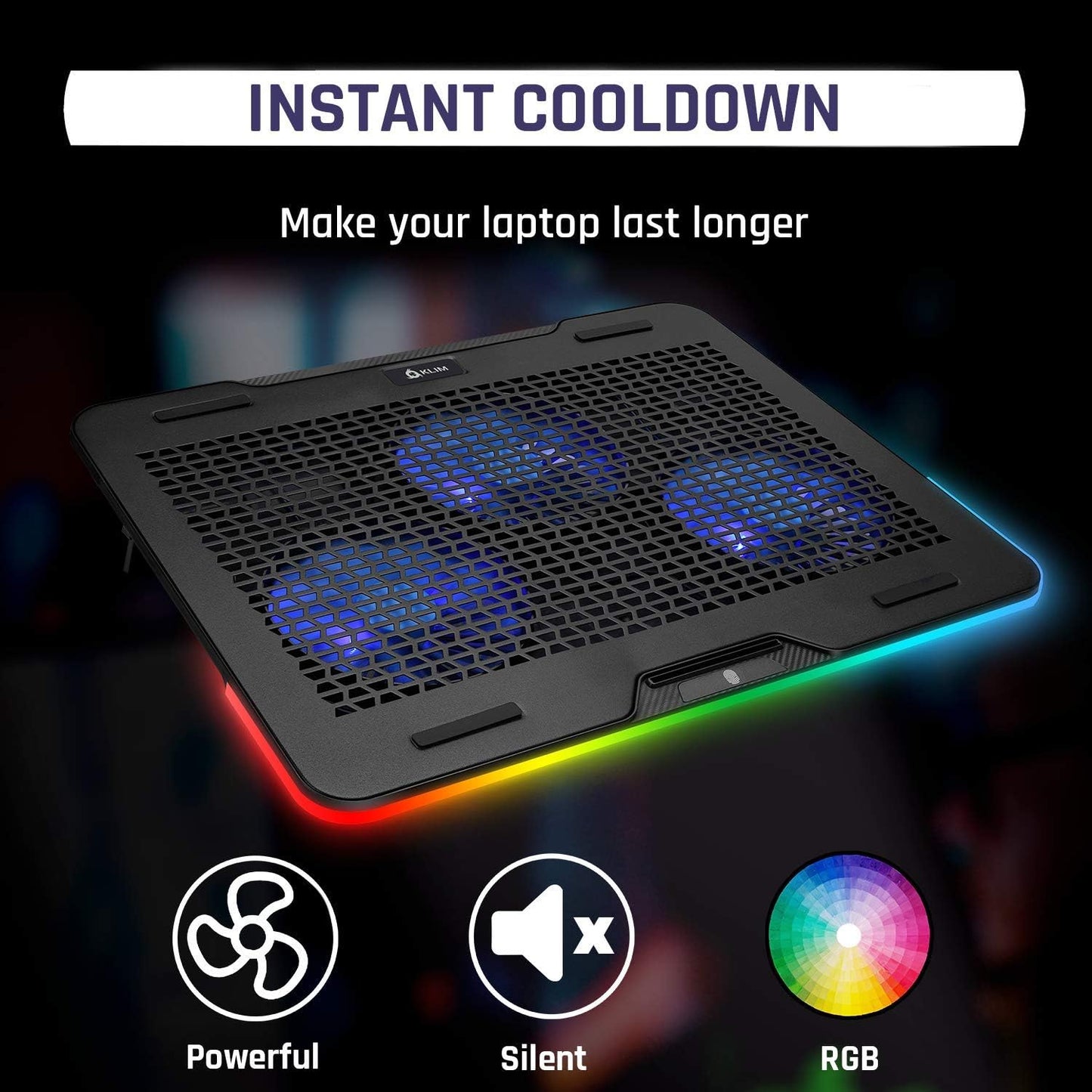 KLIM Aurora + Laptop Cooling Stand with RGB backlighting + 11" - 17" + Gaming Laptop Cooling Pad for Desk + USB Powered Fan + Stable and Sturdy Aluminum Build + Compatible Mac and PS4 + New