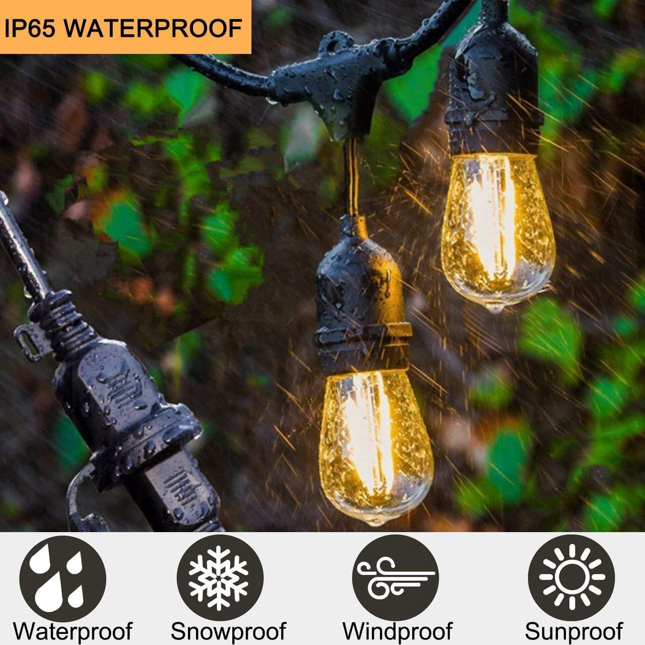 LED Outdoor String Lights- Geecol 49Ft Waterproof IP65 Commercial Grade S14 Heavy Duty Festoon String Light 15 Hanging Sockets with 15 S14 2W LED Bulb Warm White 2700K for Party Patio Garden
