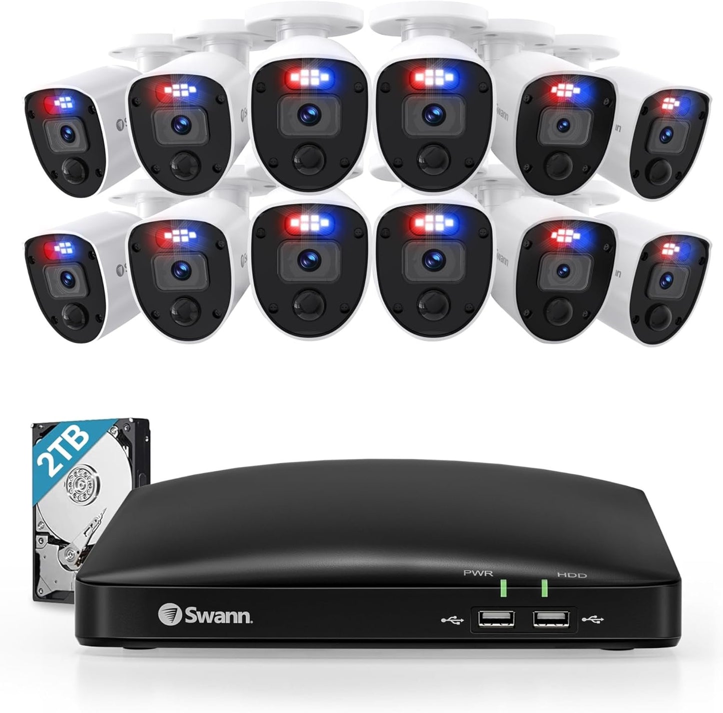 Swann Enforcer 16 Channel 12 Cameras DVR Security Camera System with 2TB HDD, 1080p HD Video,Indoor or Outdoor Wired Surveillance CCTV,Colour Night Vision, Heat Motion Detection,LED Lights