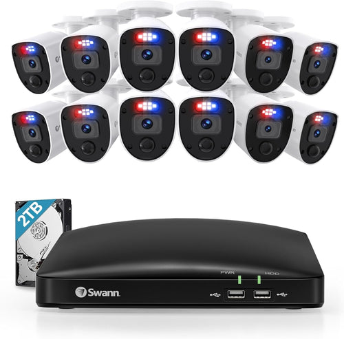 Swann Enforcer 16 Channel 12 Cameras DVR Security Camera System with 2TB HDD, 1080p HD Video,Indoor or Outdoor Wired Surveillance CCTV,Colour Night Vision, Heat Motion Detection,LED Lights