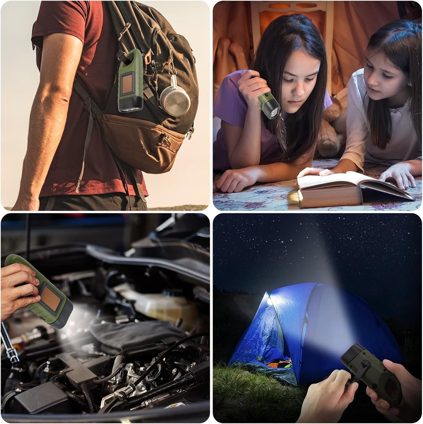 Simpeak Hand Cranking Solar Powered Flashlight, Emergency LED Flashlight Carabiner Dynamo Quick Snap Clip Backpack Flashlight Torch for Outdoor Camping Climbing Hiking, Green, Black