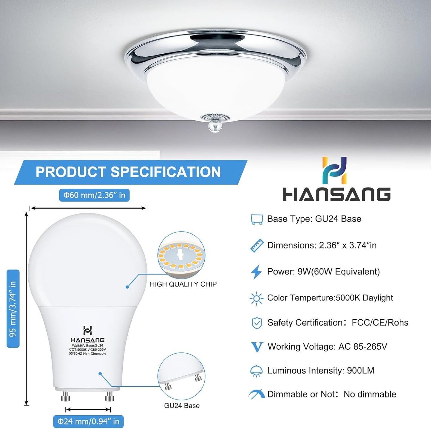 hansang A19 LED Bulb Gu24 Light Bulb Base,9W (100W Equivalent),900 Lumens,5000K Daylight,220 Degree Beam Angle,Gu24 Twist Base,for CFL Upgrade,Non-Dimmable 4 Pack