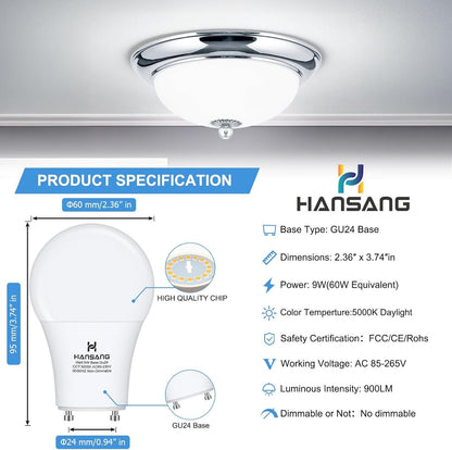 hansang A19 LED Bulb Gu24 Light Bulb Base,9W (100W Equivalent),900 Lumens,5000K Daylight,220 Degree Beam Angle,Gu24 Twist Base,for CFL Upgrade,Non-Dimmable 4 Pack
