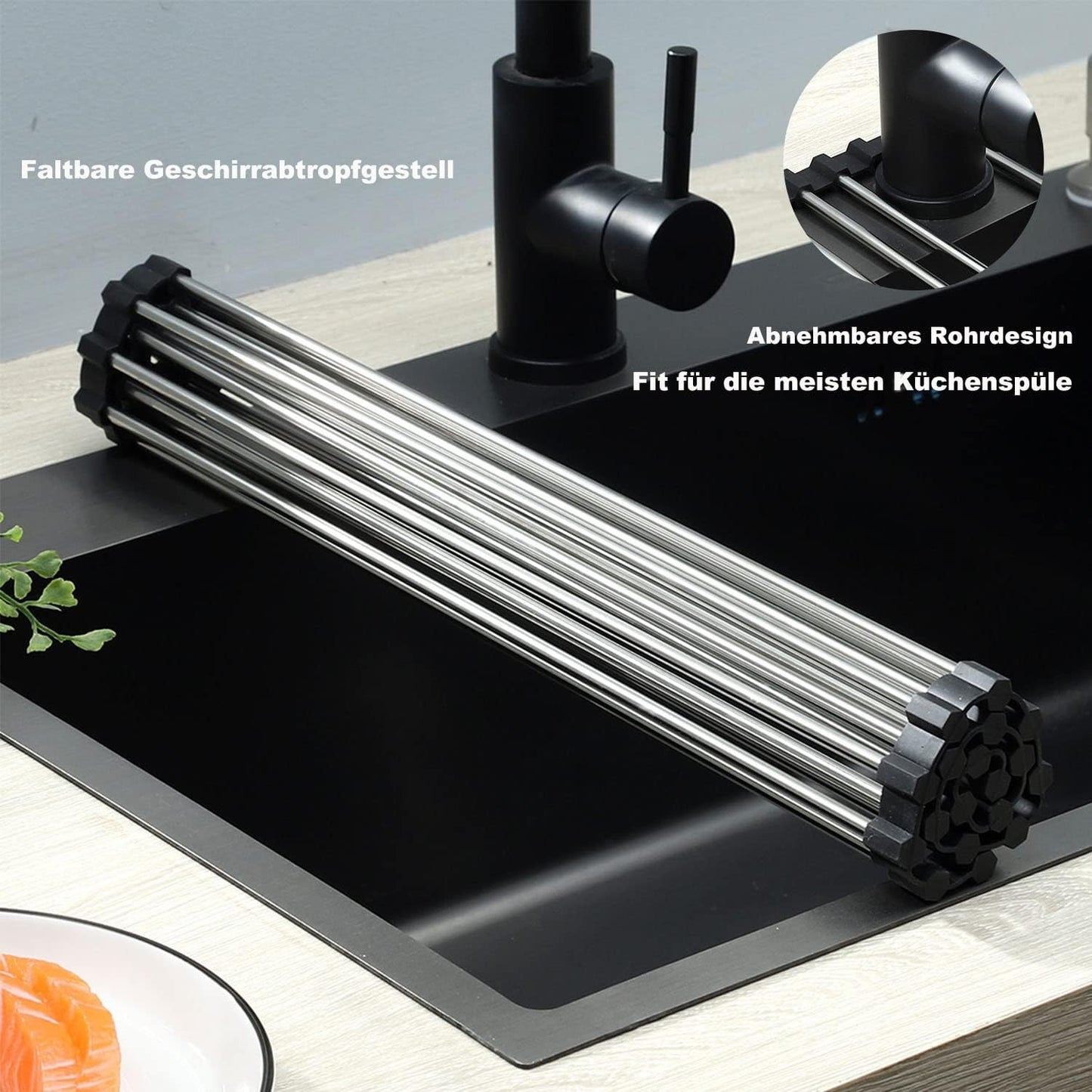 ViWaVee Foldable Removable Stainless Steel Over Kitchen Sink Dish Drainer Rack Holder Mat Organizer for Cups, Fruits, Vegetables-Black