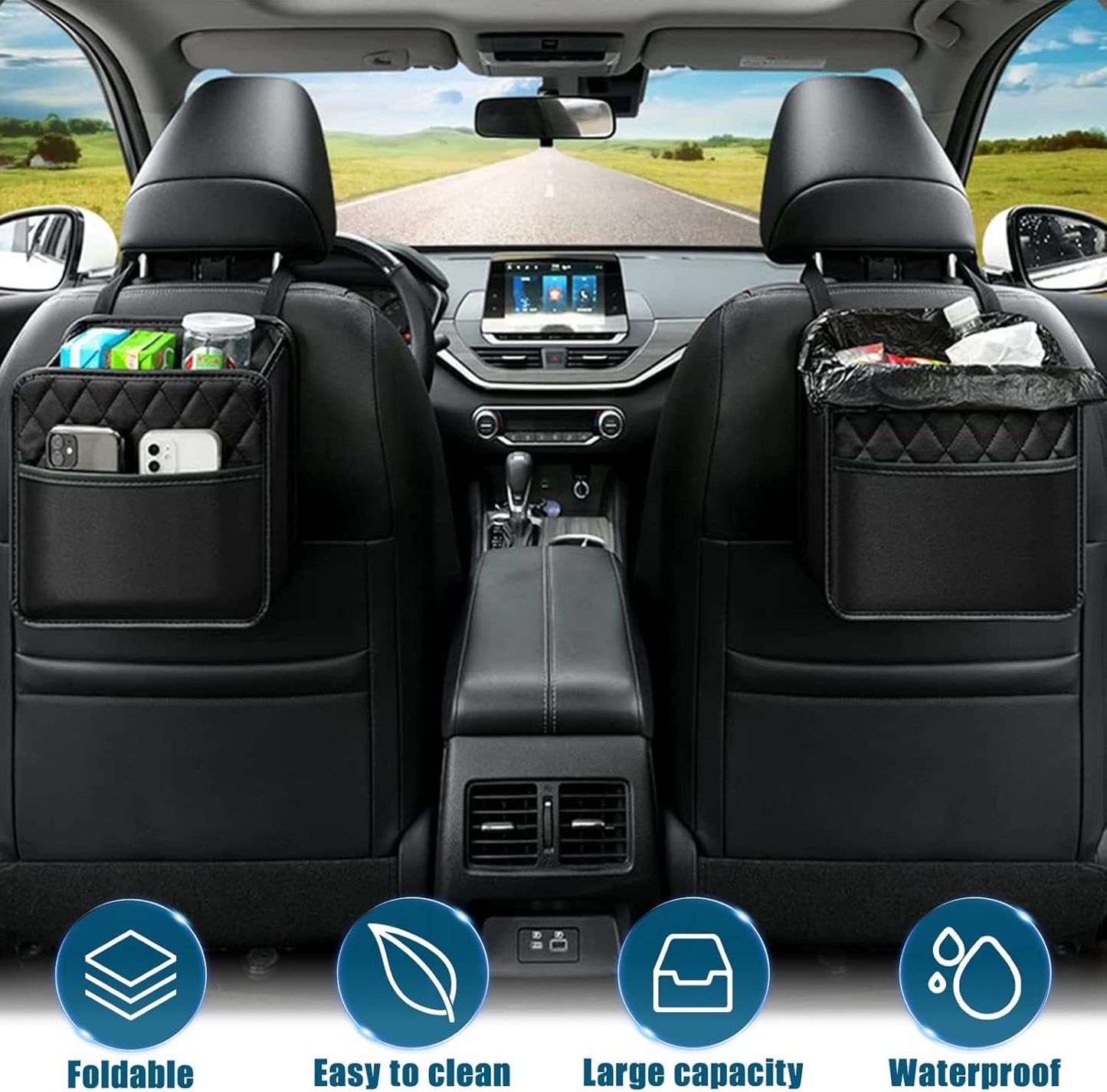 Backseat Car Organiser, Car Net Pocket Handbag Holder Bag, 2 Pack Car Seat Back Hanging Bag, Multi-Pocket All Purpose Car Trip Bag Storage Box for iPad,bottles,Toys,Books,Tissues,etc