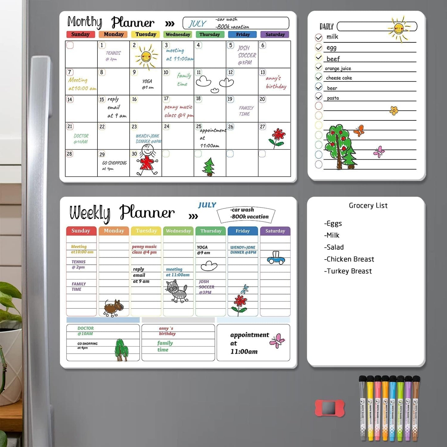 Hivillexun Magnetic Dry Erase Calendar Whiteboard Set (4-Pack) for Home and Kitchen, with Monthly and Weekly Views (16.5” x 11.8”), Magnetic Whiteboard and Daily Planners (12” x 8”) 8 Markers & Eraser