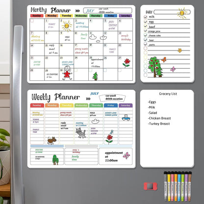 Hivillexun Magnetic Dry Erase Calendar Whiteboard Set (4-Pack) for Home and Kitchen, with Monthly and Weekly Views (16.5” x 11.8”), Magnetic Whiteboard and Daily Planners (12” x 8”) 8 Markers & Eraser