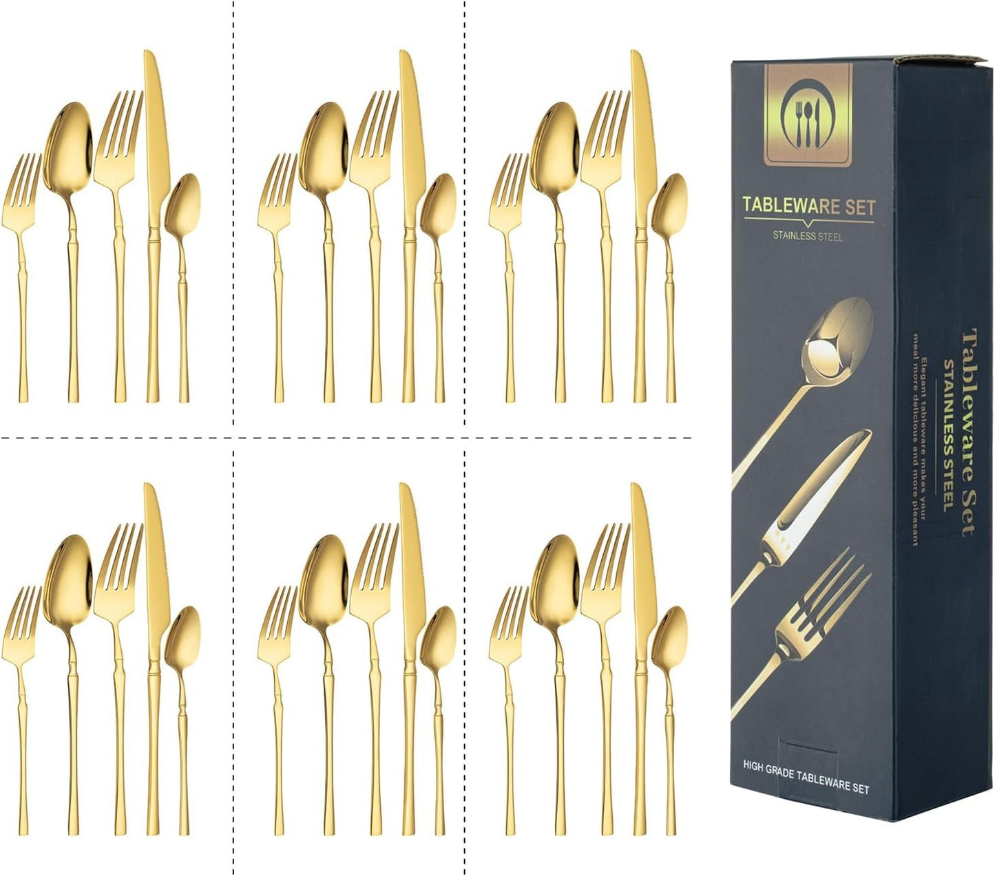 ACA Trading Gold Cutlery Set 30 Pieces Food Grade Stainless Steel Utensils, Mirror Polished Tableware Flatware Set Forks Knives Spoon Tea Spoon salad forks for Home & Restaurant, Dishwasher Safe(Gold)
