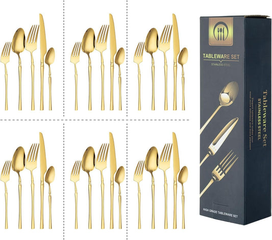 ACA Trading Gold Cutlery Set 30 Pieces Food Grade Stainless Steel Utensils, Mirror Polished Tableware Flatware Set Forks Knives Spoon Tea Spoon salad forks for Home & Restaurant, Dishwasher Safe(Gold)