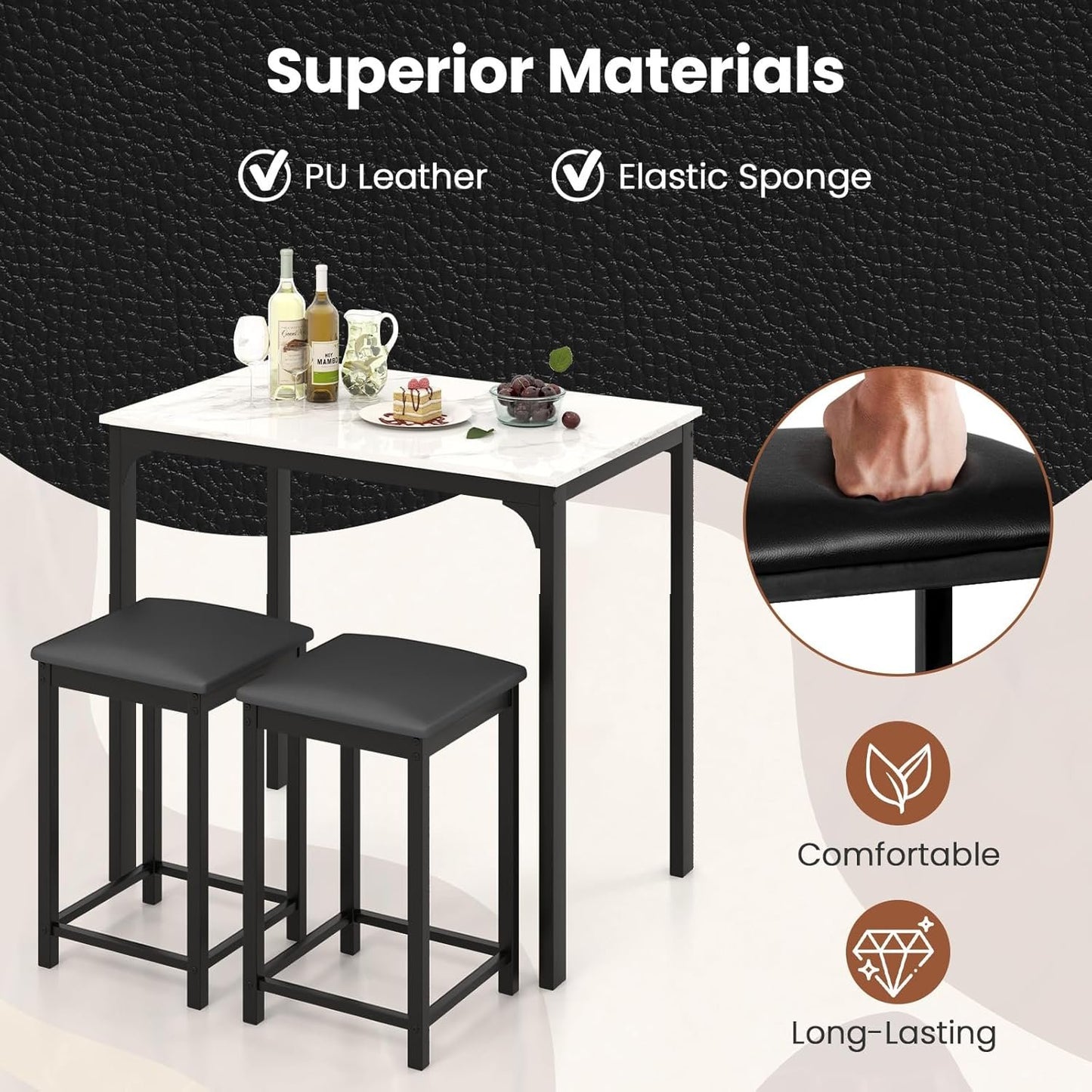 Giantex 3 Pcs Dining Table and Chairs Set with Faux Marble Tabletop 2 Chairs Contemporary Dining Table Set for Home or Hotel Dining Room, Kitchen or Bar (White & Black)