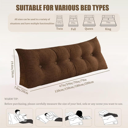 Large Triangular Wedge Pillow for Bed with Removable Cover - Ergonomic Headboard Cushion Reading Pillow Back Support Cushion for Bed, Sofa, Bedrooms(Brown,Queen)