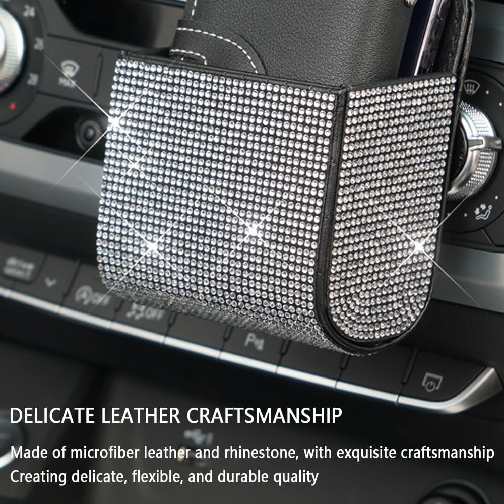 Car Vent Storage Organizer,Rhinestone Car Vent Leather Pocket,Bling Car Accessories for Women or Man,Multipurpose Car Storage