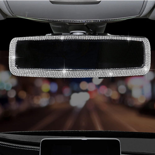 Bling Rhinestone Car Rear View Mirror, Mirror with Crystal Diamonds Rhinestones for Women,Car Interior Trim. ( Sliver )