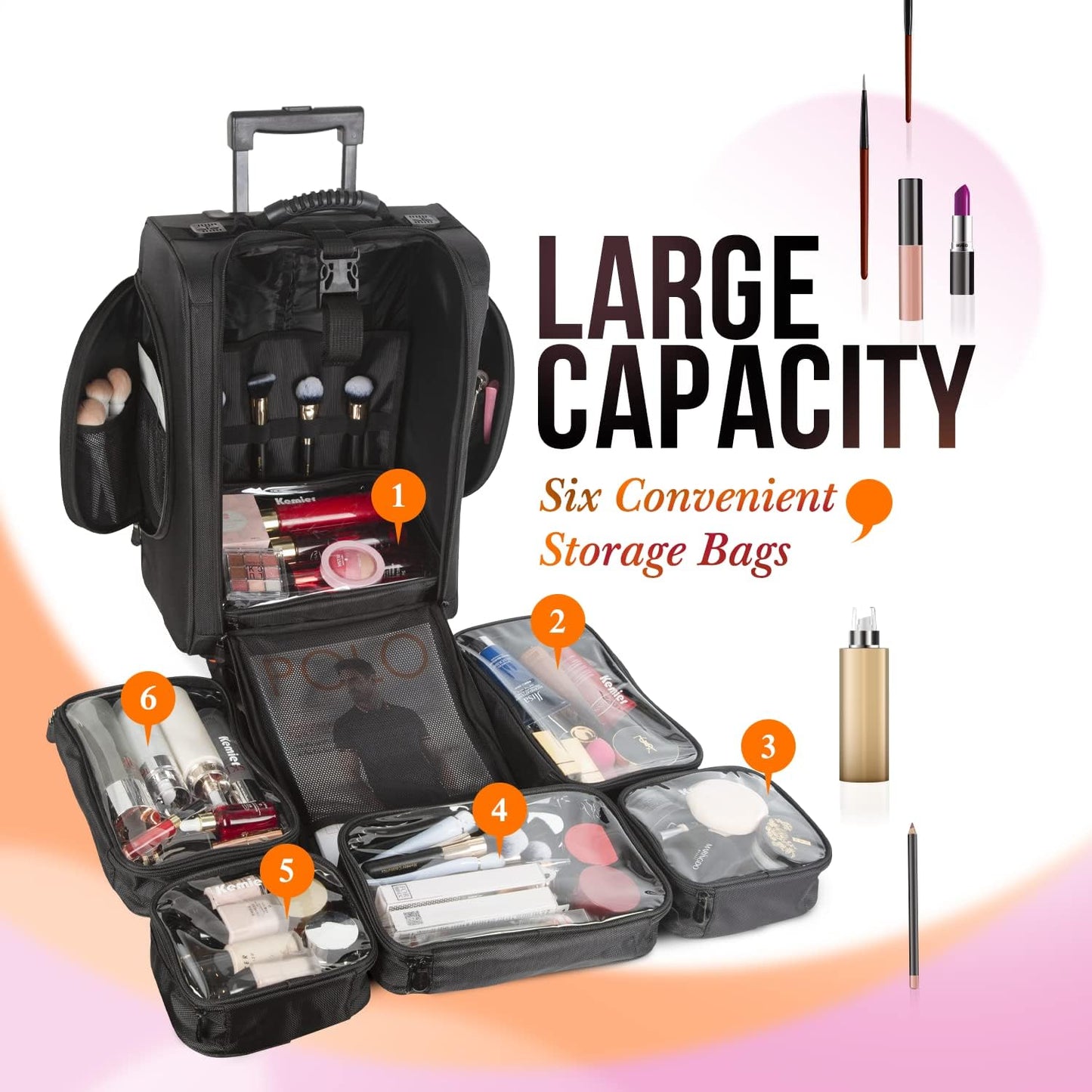 Kemier Portable Soft Nylon Cosmetic Organizer with Pouches, Black