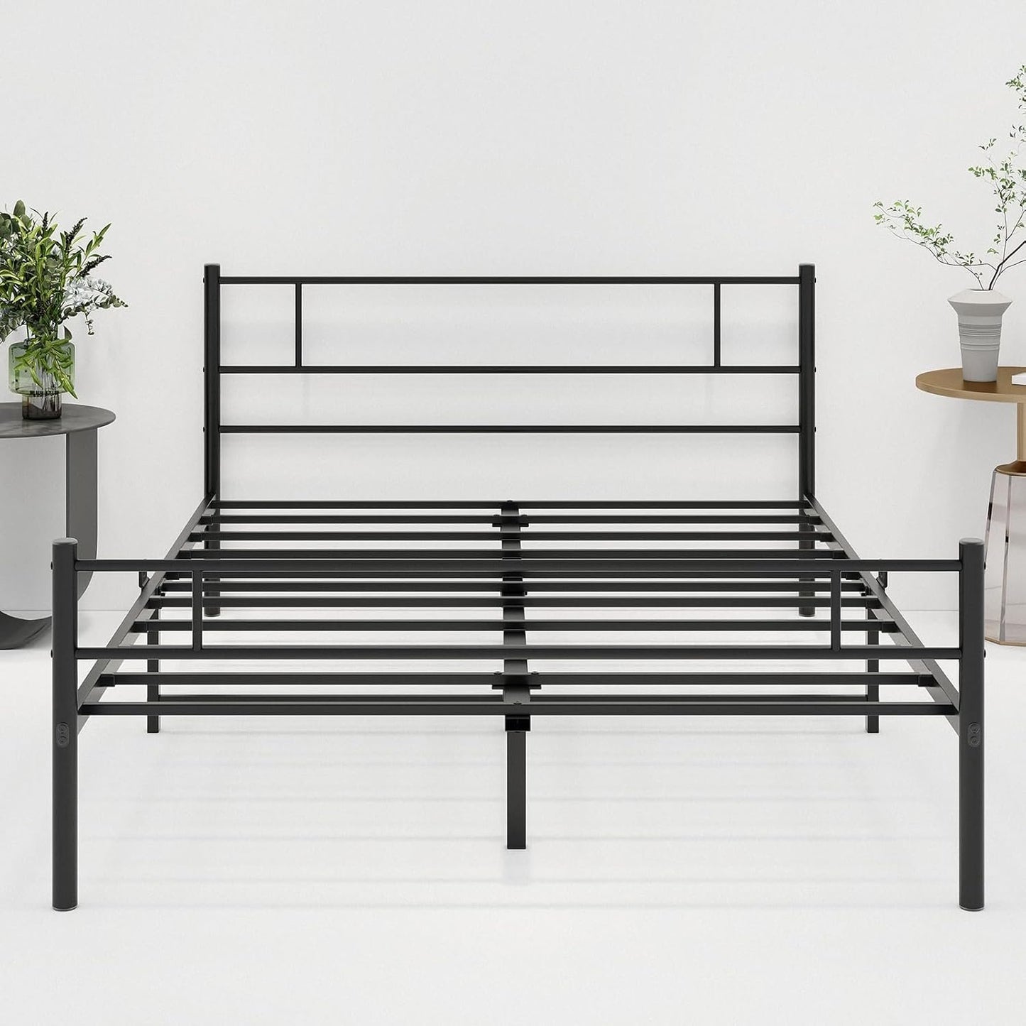 JUISSANO Metal Queen Bed Frame with Headboard,Platform Bed Frame Queen Size Mattress Foundation,No Box Spring Needed,Under Bed Storage,Steel Slats Support,Noise Free,Black Queen Size Bed Frame