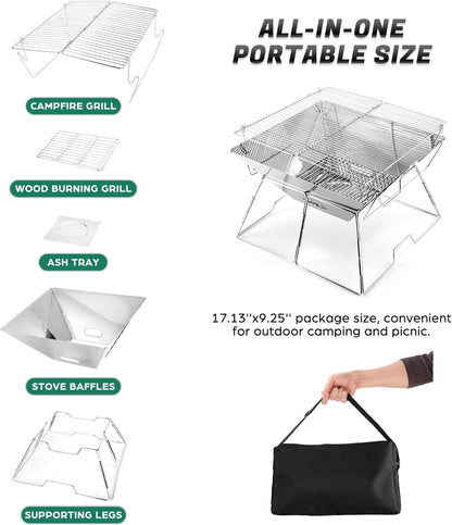 Odoland Collapsible Campfire Grill Camping Fire Pit, 304 Stainless Steel Grill Gate, Portable Camping Grill with Carrying Bag for Outdoor Backpacking Hiking BBQ