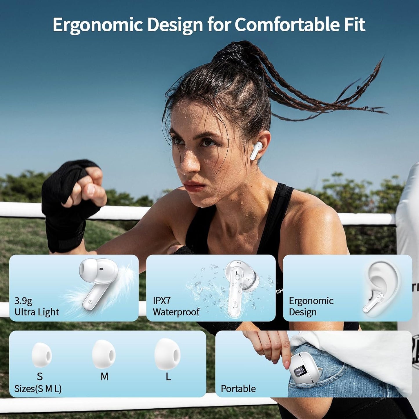 Wireless Earbuds, Bluetooth Headphones 5.4 HiFi Stereo with 4 ENC Noise Cancelling Mic, 38H in Ear Earphones with LED Digital Display, Touch Control, IPX7 Waterproof Ear Buds for Sports Workout, White
