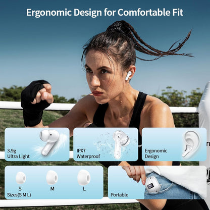 Wireless Earbuds, Bluetooth Headphones 5.4 HiFi Stereo with 4 ENC Noise Cancelling Mic, 38H in Ear Earphones with LED Digital Display, Touch Control, IPX7 Waterproof Ear Buds for Sports Workout, White