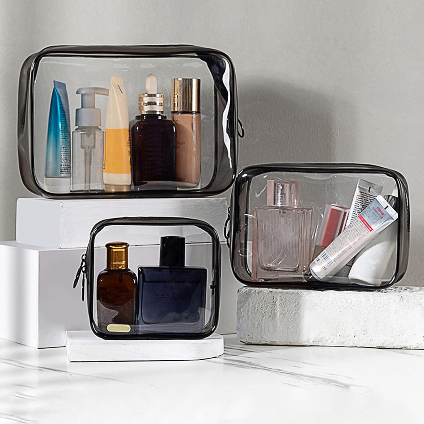 Set of 3 Clear Cosmetic Bags, Double Zipper Sliders Clear Travel Makeup Bags, Water Resistant Toiletry Bags, Portable Clear Pouches, Transparent Travel Pouch Bags (White)