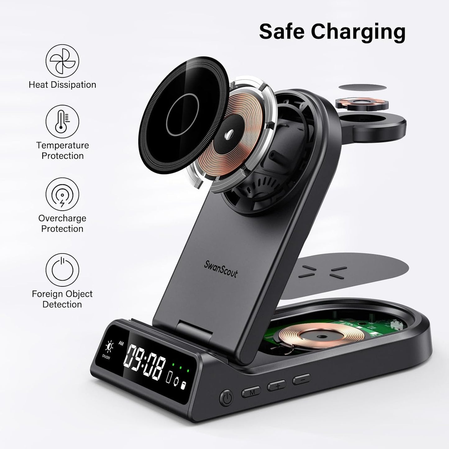 SwanScout Magnetic Wireless Charger, 4 in 1 Mag-Safe Wireless Charging Staiton for iPhone 16/15/14/13/12 Series, Portable Foldable Charger Stand for Apple Watch 10/9/8/7/6/SE/5/4 (No Adapter)