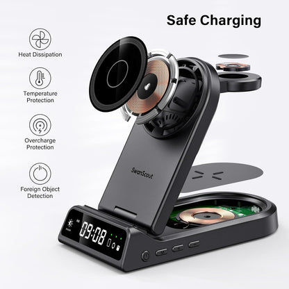SwanScout Magnetic Wireless Charger, 4 in 1 Mag-Safe Wireless Charging Staiton for iPhone 16/15/14/13/12 Series, Portable Foldable Charger Stand for Apple Watch 10/9/8/7/6/SE/5/4 (No Adapter)