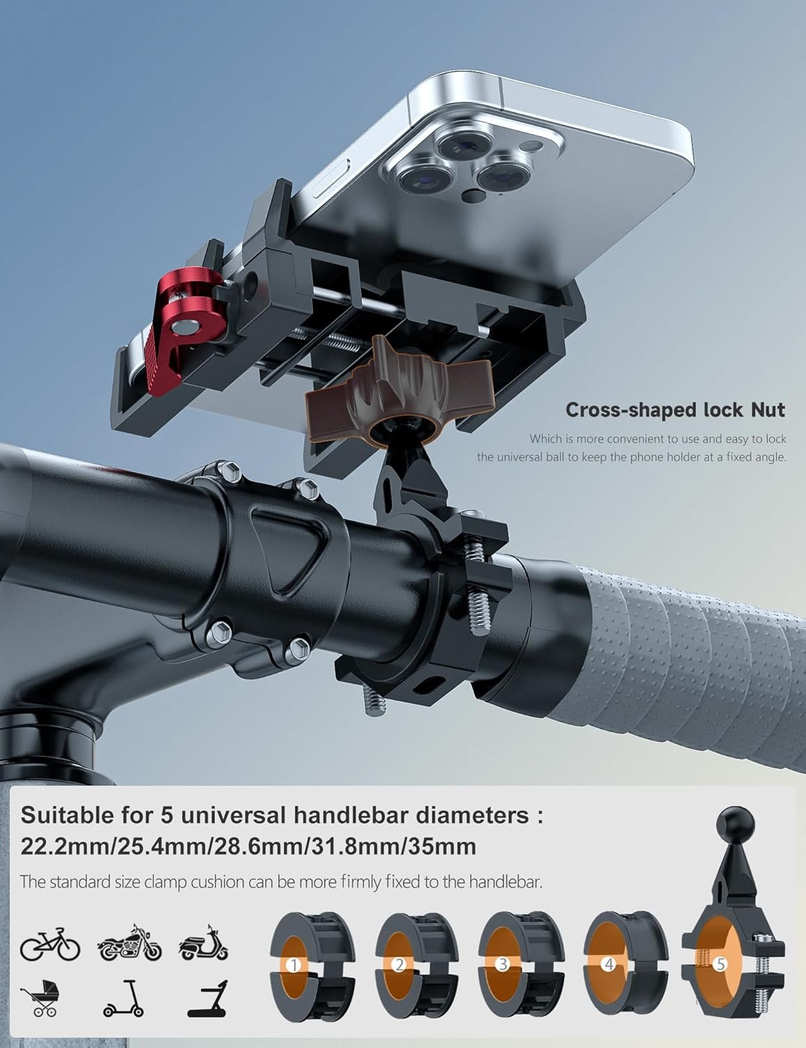 Tiakia Aluminum Bike Phone Mount, [2024 Upgrade] Camera Friendly＆1s Lock Handlebar Mounted Cell Phone Holder for Bike Motorcycle, 360° Rotation Universal Bicycle Phone Mount for 4.5-7 Inch Phones
