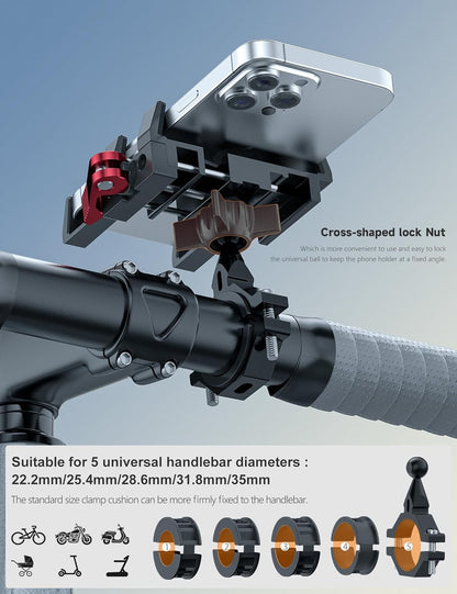 Tiakia Aluminum Bike Phone Mount, [2024 Upgrade] Camera Friendly＆1s Lock Handlebar Mounted Cell Phone Holder for Bike Motorcycle, 360° Rotation Universal Bicycle Phone Mount for 4.5-7 Inch Phones