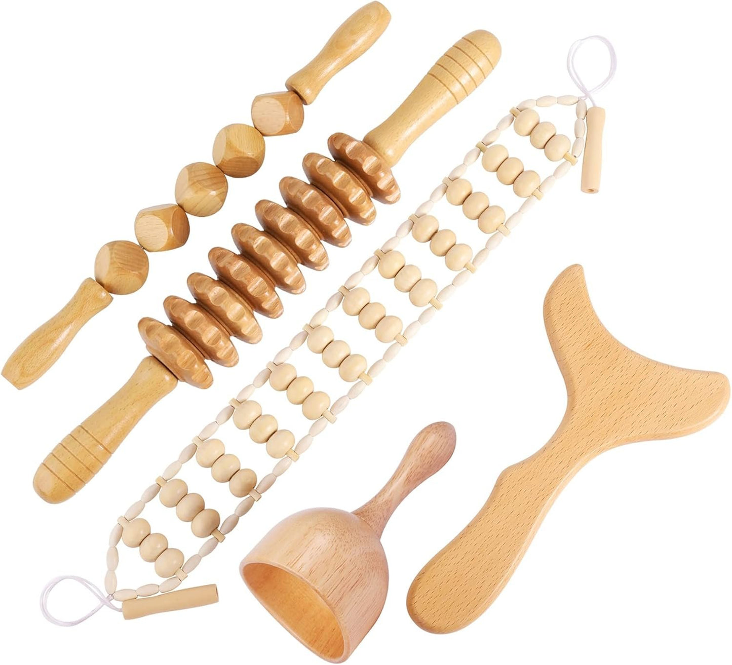 OYHMC Wood Therapy Massage Tools Professional Maderoterapia Kit Body Sculpting Tools for Lymphatic Drainage and Anti-Cellulite.Wood Massager Roller Rpoe for Back and Muscle Pain Relief (5pcs)