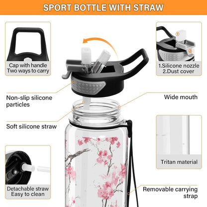 Blueangle 32oz Sakura Branches Sports Water Bottle with Straw, BPA Free Tritan Reusable Plastic Bottles for Gym and Outdoor（481）