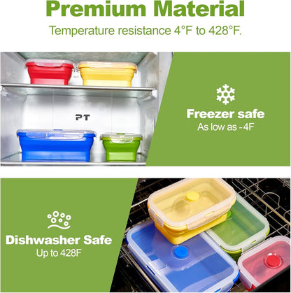 Set of 4 Collapsible Silicone Food Storage Container, Leftover Meal Box for Kitchen, Bento Lunch Boxes, BPA Free, Microwave, Dishwasher and Freezer Safe. Foldable Thin Bin Design Saves Your Space.