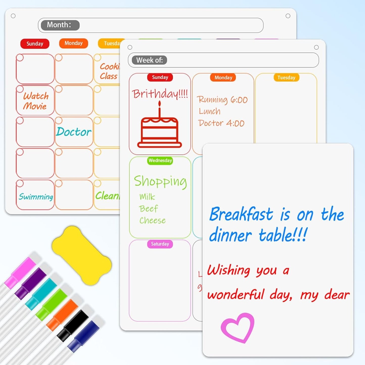 Magnetic Dry Erase Calendar Whiteboard Set (3-Pack) – 1 Monthly Planner 1 Weekly Planner and 1 Whiteboard with 7 Markers & Eraser for Fridge, Wall and Home Organization