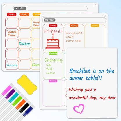 Magnetic Dry Erase Calendar Whiteboard Set (3-Pack) – 1 Monthly Planner 1 Weekly Planner and 1 Whiteboard with 7 Markers & Eraser for Fridge, Wall and Home Organization