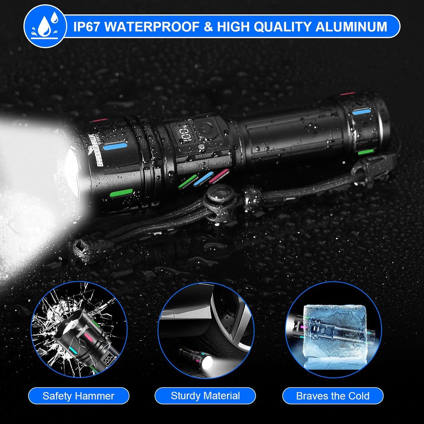 Shadowhawk LED Torch Rechargeable 30000 Lumens, 1500M Long Throw Flashlight, LCD Display Handheld Torches, XHM90.2 Super Bright Tactical Flashlight, Powerful Flash Light for Camping Hunting Gifts