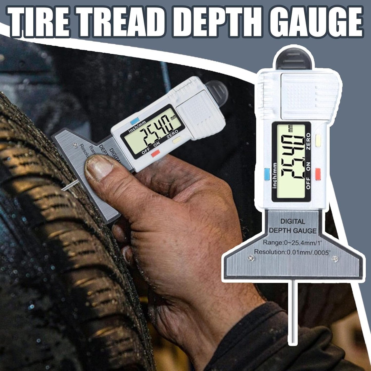 Tire Tread Depth Gauge, Digital Wear Measuring Tool, 0mm Precision with 0-25.4mm Range, Handheld Depth Checker, Ideal for, Motorcycles, Safety Inspections, Garage Use