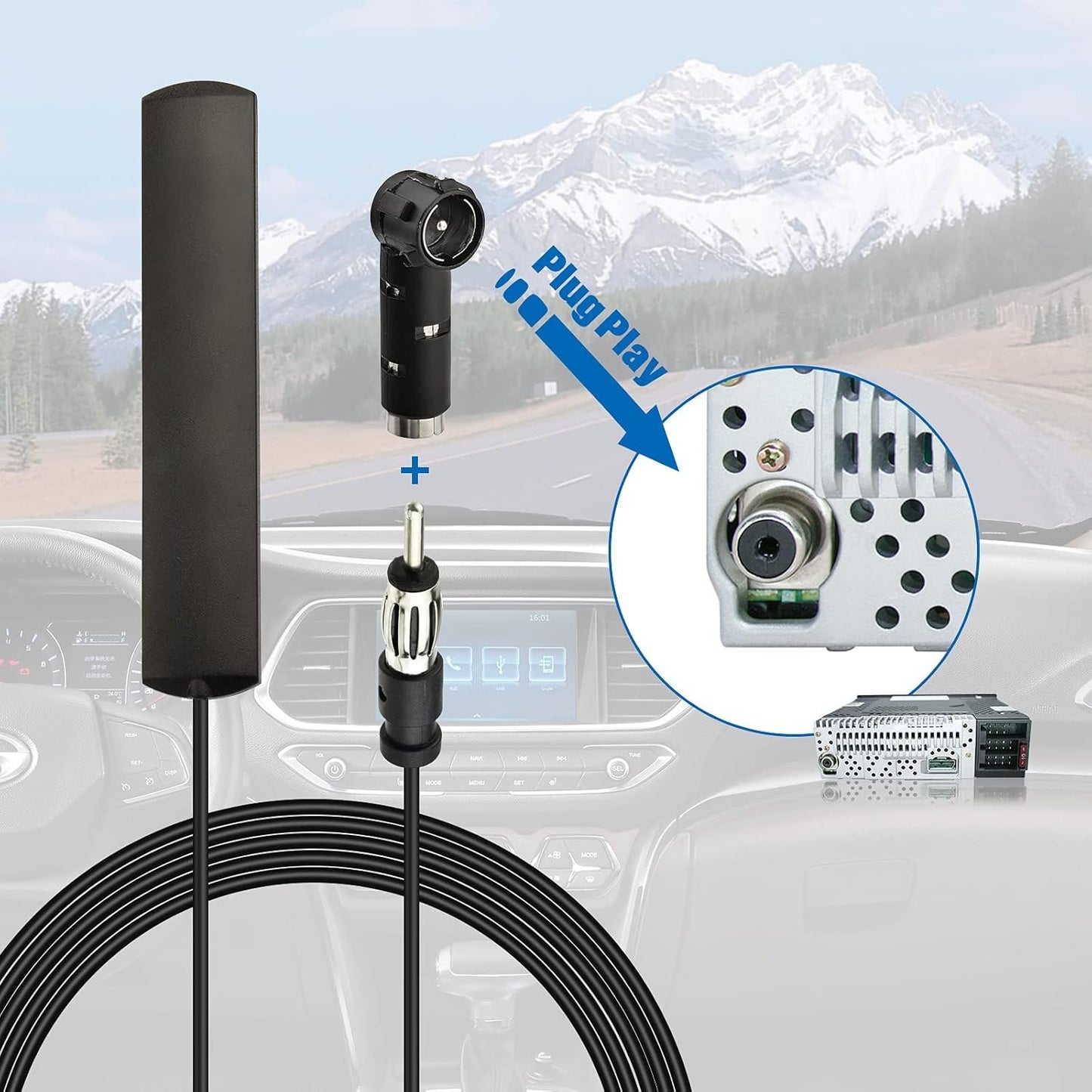 Eightwood Car Stereo FM Radio Antenna, Hidden Windshield Antenna, DIN Plug Adhesive Patch Antenna + DIN Female to ISO Adapter for Vehicle Car Truck Stereo Receiver Head Unit FM HD Radio