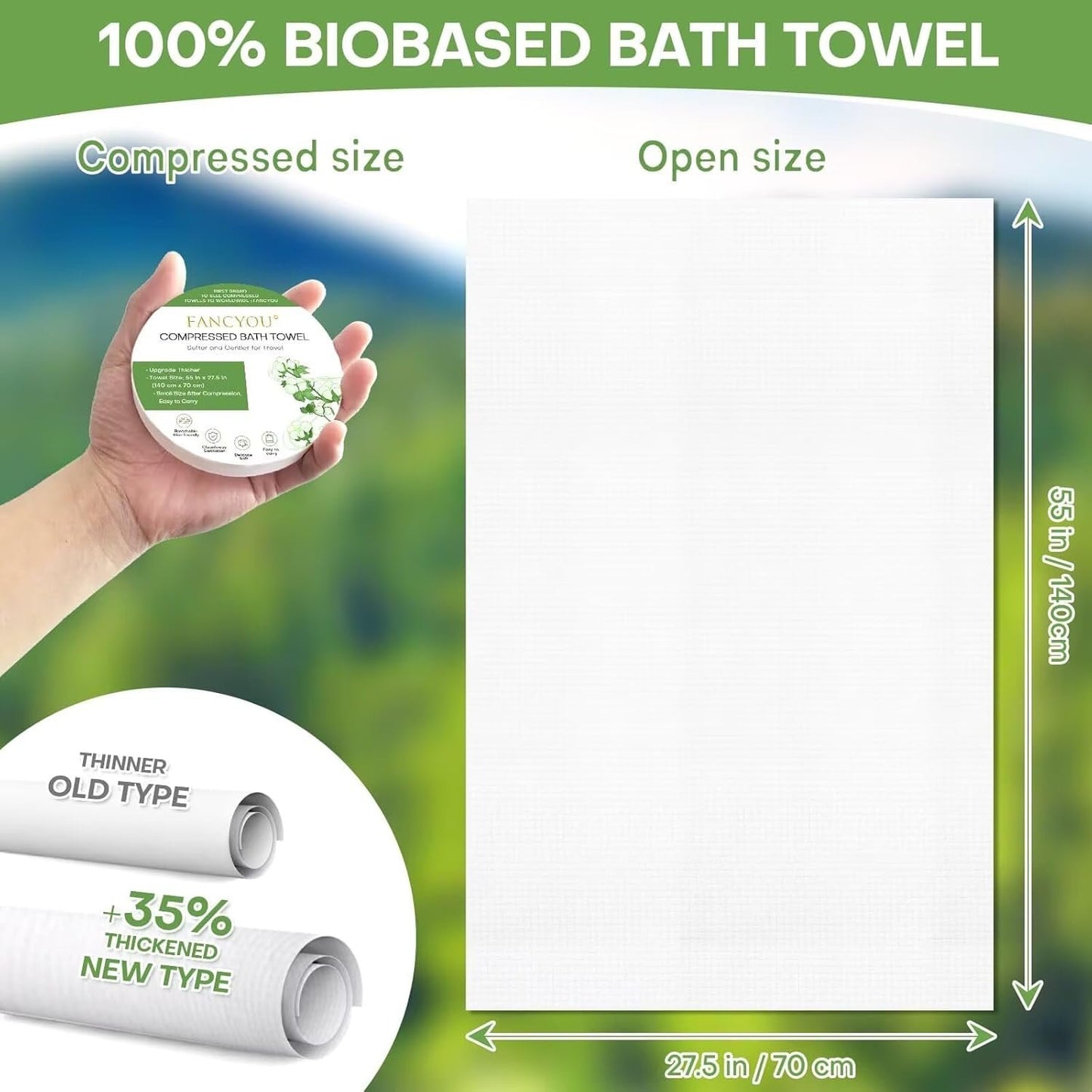 Fancyou Compressed Towel Tablets Large - 100% Cotton Disposable Bath Towels for Travel - 55 in x 27.5 in Travel Cleaning Kit for Hotels Camping Hiking Sports Beach Swimming Vacation [5 Pack Green]
