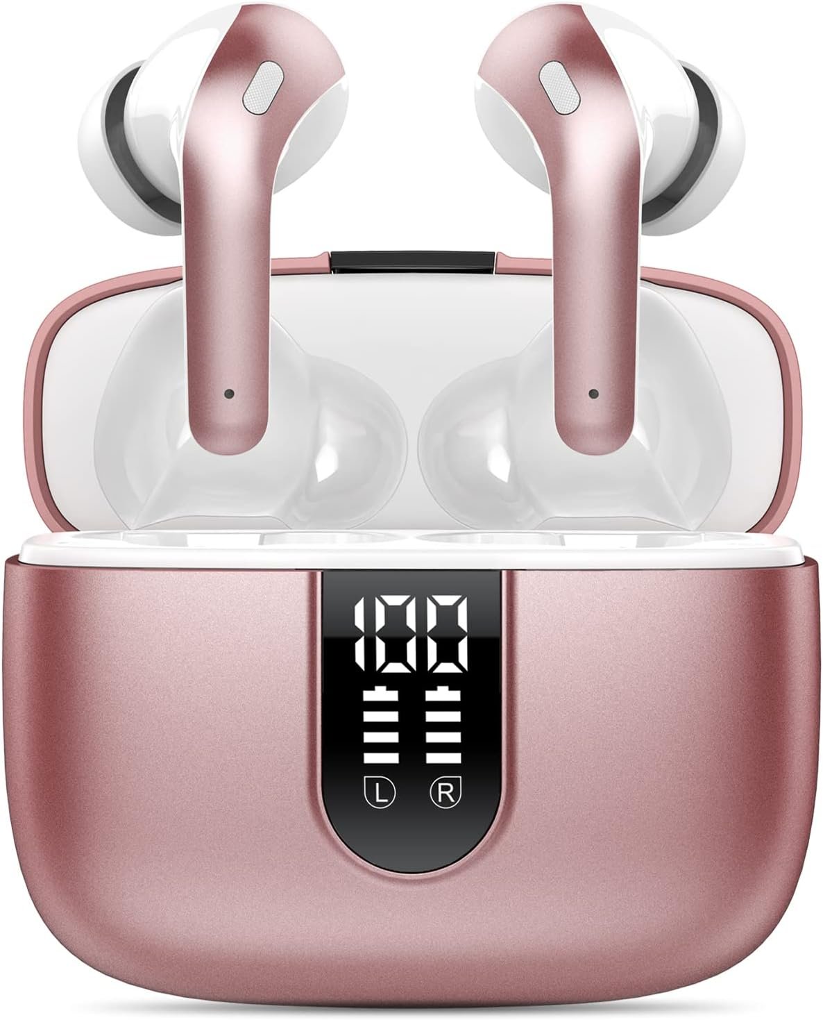 Wireless Earbuds, Bluetooth 5.3 Headphones with 4 ENC Call Noise Cancelling Mics, Bass Boost 85%, IPX7 Waterproof, 50Hrs Playtime, Mini Earbuds for Work, Sleep, Travel, USB-C, Rose