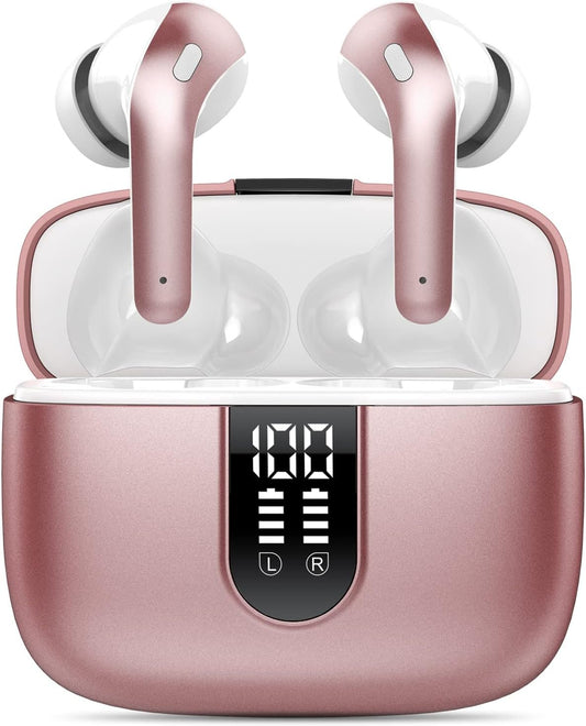 Wireless Earbuds, Bluetooth 5.3 Headphones with 4 ENC Call Noise Cancelling Mics, Bass Boost 85%, IPX7 Waterproof, 50Hrs Playtime, Mini Earbuds for Work, Sleep, Travel, USB-C, Rose
