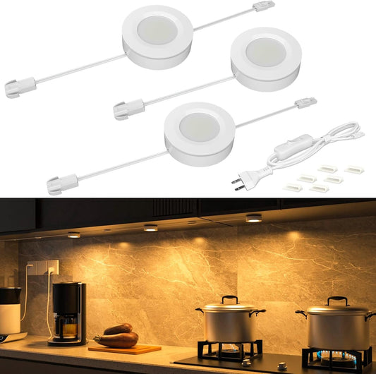 WOBANE LED Puck Lights,Hardwired Under Cabinet Lighting with Switch,DIY Shelf Light for Kitchen,Display,Bookcase,Pantry,Linkable,Recessed & Wall Plug in,Warm White 3000K,120V,Set of 3