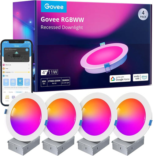 Govee 4 Inch Smart Recessed Pot Lights, Wi-Fi & Bluetooth RGBWW Dimmable LED Downlights, 16 Million DIY Colors LED Recessed Lighting with Junction Box for Party, 850 Lumen 11W, 4 Pack
