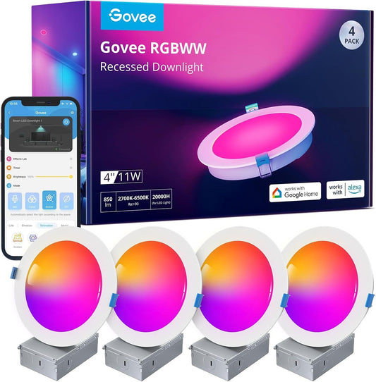 Govee 4 Inch Smart Recessed Pot Lights, Wi-Fi & Bluetooth RGBWW Dimmable LED Downlights, 16 Million DIY Colors LED Recessed Lighting with Junction Box for Party, 850 Lumen 11W, 4 Pack