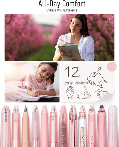 Four Candies Gel Pens, Cute Writing Pens with 0.5mm Fine Point, Black & Pink Ink Pen with Highlighter for Journaling Note Taking, Aesthetic School Office Supplies Japanese Stationery, Set of 12 - Rose